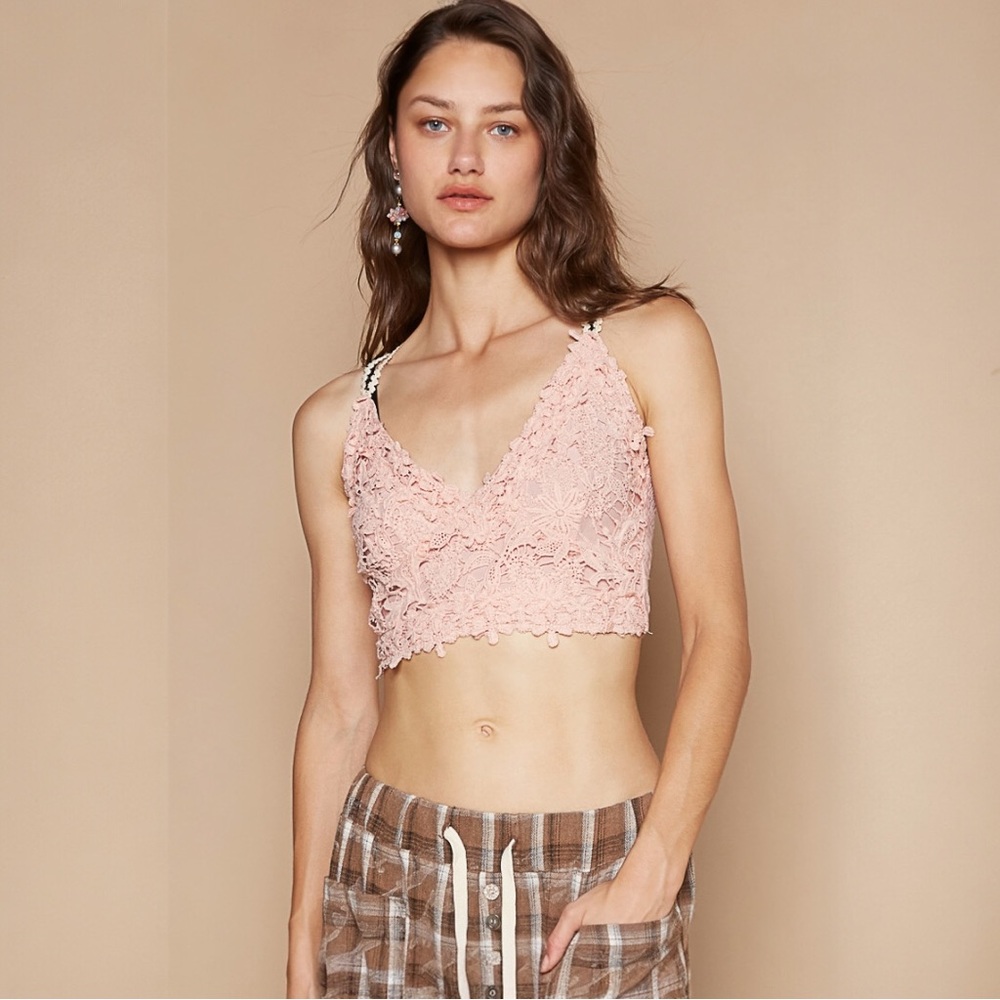 POL Pink Adjustable Cross Strap Lace Crochet Smock Back Bralette